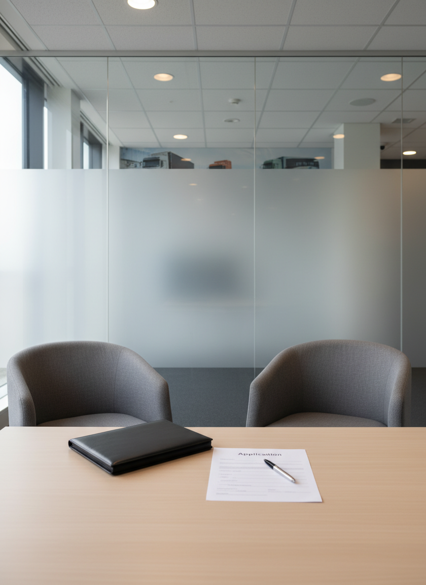 An organized interview room in an Irish transport company, carefully staged without people, showing two comfortable grey fabric chairs facing each other across a simple rectangular table. On the table lies a closed black leather portfolio, a pen, and a generic printed application form with lines but no legible text. Behind, a frosted glass wall hints at a larger office environment with subtle shapes of vehicles on a distant poster, kept unreadable. Soft, neutral ceiling lights combine with faint daylight from a side window, creating a calm, reassuring atmosphere. Photographic realism, eye-level composition, and balanced framing convey professionalism, readiness for candidate meetings, and a welcoming space for prospective drivers.