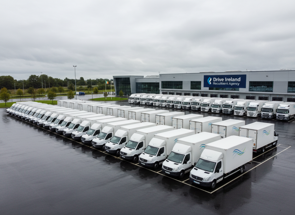 A professional fleet of white delivery vans and trucks parked in a large depot or logistics yard, with a modern industrial building in the background. The building has a sign that reads "Drive Ireland Recruitment Agency" in clean, bold lettering. Wet tarmac reflecting the vehicles. Overcast Irish weather. Photorealistic, professional, corporate feel.
