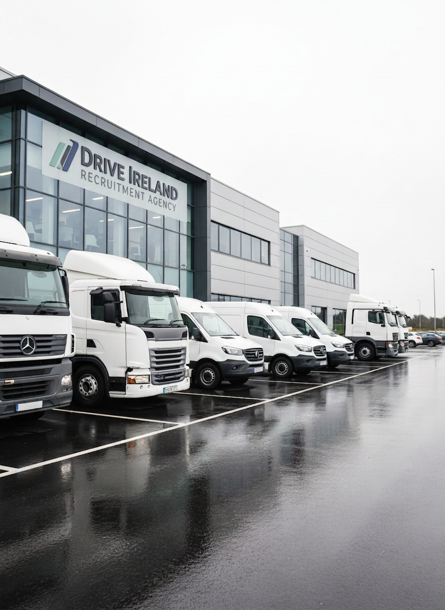 Driver recruitment Agency Driver Recruitment in Ireland. Soft overcast Irish daylight creates diffused, even lighting, minimizing harsh shadows and giving a professional, trustworthy atmosphere. Captured at eye level with photographic realism, the foreground focuses sharply on the nearest vehicle’s polished metal and clear headlights, while the background gently blurs, suggesting a busy but organized recruitment agency environment for drivers across Ireland.