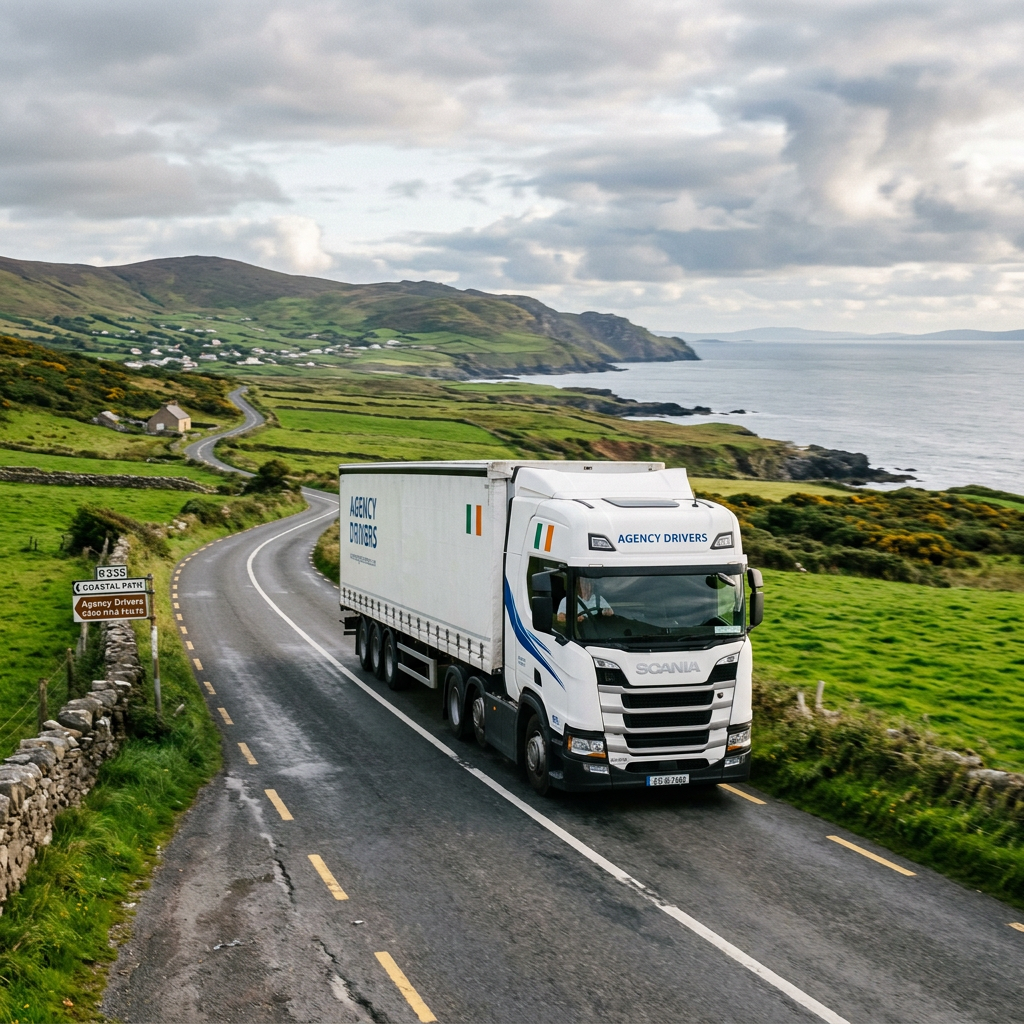 White Agency Drivers truck on coastal road beside signs reading Coastal Path